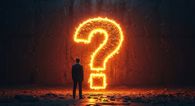 Fiery question mark symbol, man in suit facing it, dark background, symbolizes uncertainty, decision-making, challenge, problem-solving, mystery