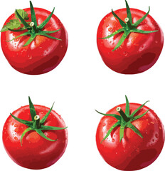 Four Red Tomatoes with Green Stems and Water Droplets