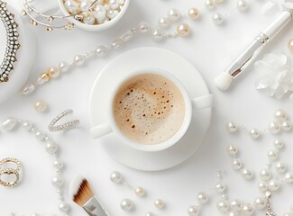 A top-down view of a white cup of coffee with crema, surrounded by pearls and makeup brushes on a white background.