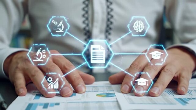 Digital Document with Interconnected Holographic Icons Representing Education, Science, and Business Data Analysis