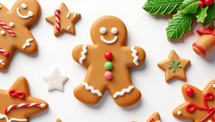 Naklejka premium Festive Gingerbread Man Cookie Arrangement Holiday Kitchen Food Photography Cheerful Atmosphere Top-Down View Christmas Concept