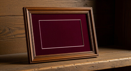 Fototapeta premium Elegant vintage wooden picture frame displaying a rich burgundy mat for cherished memories or professional display