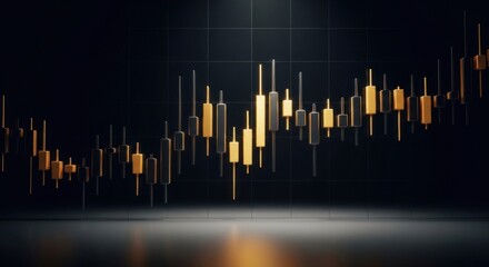 Golden candlestick chart against a dark backdrop with subtle floor reflection