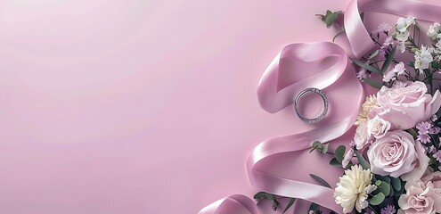 Pink roses and ribbon on pink background.