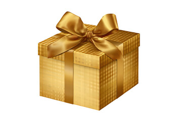 Obraz premium Golden gift box with golden ribbon and bow, isolated on white transparent background