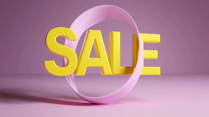 3D illustration of yellow SALE text with pink circular ring isolated on purple background. Perfect for shopping, promotion, marketing, discount campaigns, and retail advertising.