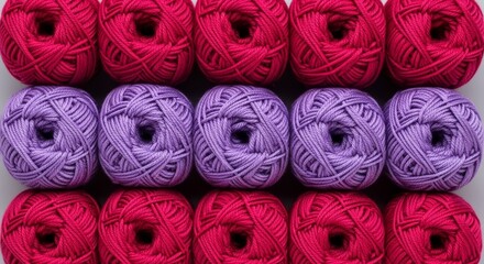 organized balls of purple and red yarn, background pattern, knitting and crafting graphic