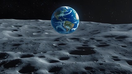 Earth viewed from the moon's surface astronaut perspective celestial planet cosmic space exploration