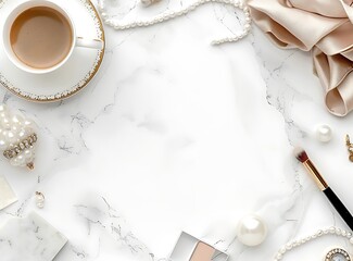 Elegant flatlay with coffee, pearls, makeup brush, and ribbon on a marble background.