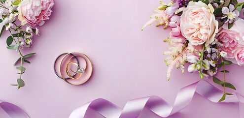 Elegant flat lay of gold and silver bangles on a pink dish, surrounded by delicate pink and purple flowers and a flowing lilac ribbon on a soft purple background.