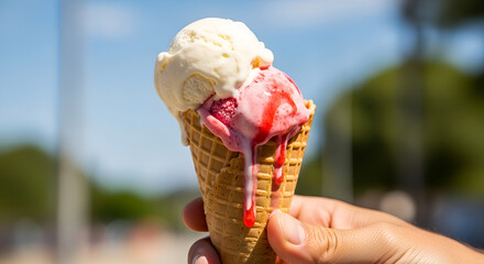 Melting double scoop ice cream cone in hand on a sunny day