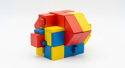 Obraz premium Colorful wooden blocks assemble into a complex geometric shape, sparking creativity and problem-solving for children and adults alike.