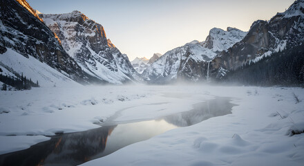 Obraz premium Misty snow-covered valley between mountain peaks 