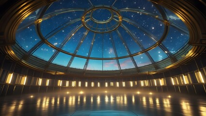 Modern architectural dome interior with reflecting pool and colorful ceiling lights