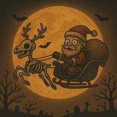 Santa Claus in Sleigh with Skeleton Reindeer under Full Moon