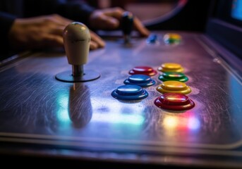 Obraz premium Player's hands on a vintage arcade game controller with a joystick and colorful push buttons