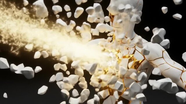 Man with cracked white and gold body breaks apart from exploding heart, kintsugi artistic concept footage.