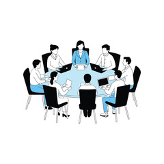 Fototapeta premium Team collaboration meeting around a circular table discussing ideas in a business office setting