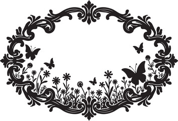 Ornate butterfly meadow silhouette frame