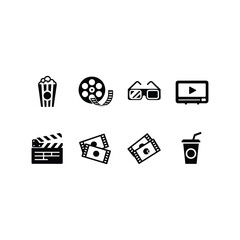 Collection of eight simple black cinema icons including popcorn film reel 3d glasses screen clapperboard tickets and drink.