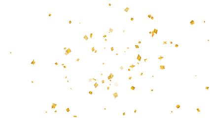 Golden confetti falling. Realistic 3D illustration of shiny festive particles for party, celebration, or winner concepts. Design element isolated image with a transparent background.