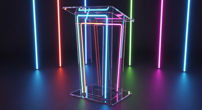 Striking clear podium illuminated by vibrant neon lights on a dark stage, perfect for modern presentations and events
