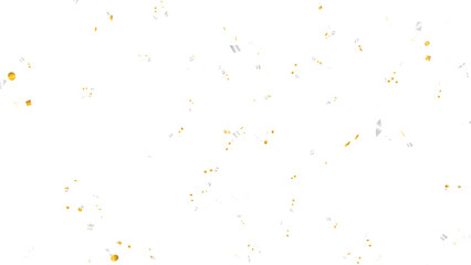Realistic gold and silver confetti falling gracefully. Festive celebration overlay element for holidays, birthdays, and New Year's Eve parties. Isolated on a transparent background for easy use.