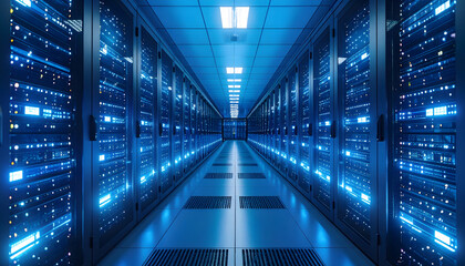 Vast Digital Landscape Rows of Glowing Server Racks in a Modern Data Center Environment