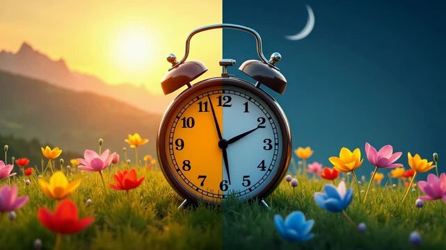 Split image contrasts day, night to illustrate daylight saving time concept. Analog clock stands in meadow with flowers. Mountains, crescent moon in night side. Sunrise, colorful flowers field.