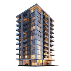 Sleek high rise apartment complex with balconies on transparent background