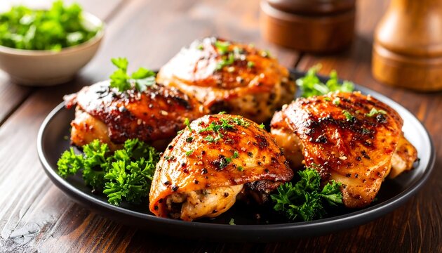 Roasted chicken thighs garnished with fresh parsley