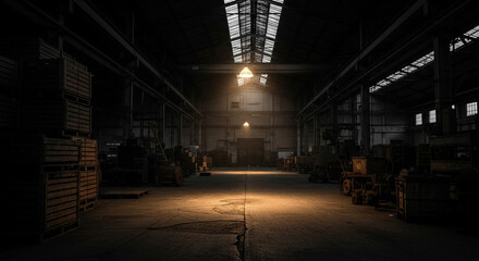Dramatic empty warehouse interior with moody lighting, crates, and industrial machinery casting long shadows