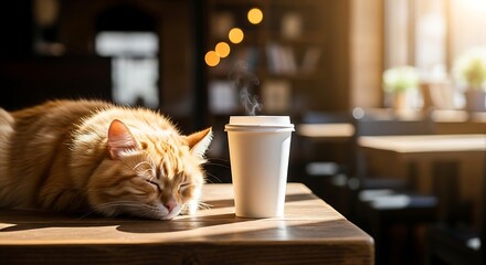 Sleepy ginger cat by coffee
