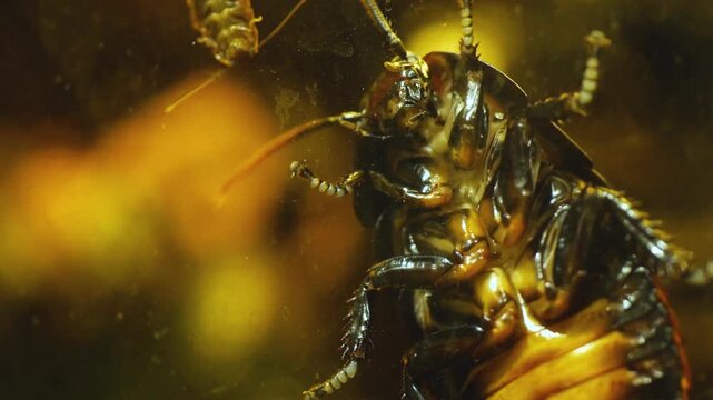 Close up of Madagascar hissing cockroach ona glass window moving slowly it's antenna  and feet
