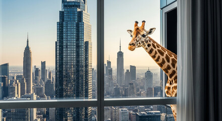 Curious giraffe peeking through skyscraper window, observing vibrant New York City skyline at sunrise