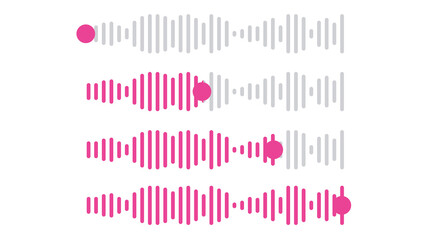 Set of four audio waveform progress bars. A collection of sound wave icons showing playback status with a pink indicator. Static graphic illustration isolated on a transparent background.