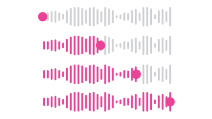 Set of four audio waveform progress bars. A collection of sound wave icons showing playback status with a pink indicator. Static graphic illustration isolated on a transparent background.