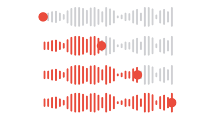 Set of four red isolated audio waveform progress bars showing sound recording or playback status. Minimalist graphic representation of voice or music signal with a transparent background for easy use.