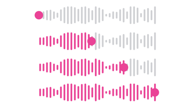 Set of four audio waveform progress bars. A collection of sound wave icons showing playback status with a pink indicator. Static graphic illustration isolated on a transparent background.