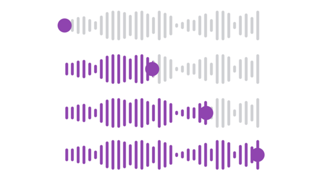 Set of four audio waveform visualizations, showing sound waves in purple and white. Includes progress bars and playheads, ideal for music, podcast, and voice interfaces. Isolated with transparent back