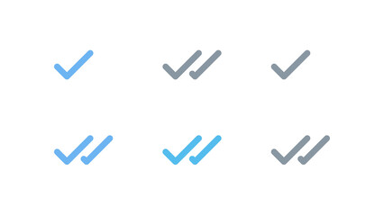 Set of check mark and double check mark icons for sent, delivered, and read message status. Vector graphic collection of blue and gray confirmation symbols for UI design with a transparent background.