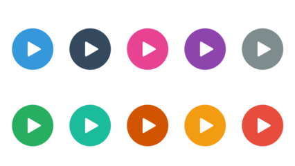 Set of ten colorful round play buttons for user interface design. Multimedia player icons in various colors, including blue, pink, green, and red. Isolated elements with a transparent background.