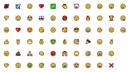 Comprehensive collection of diverse emoji icons and emoticons representing various feelings, expressions, and reactions. Vector illustration pack with a transparent background for easy use in projects
