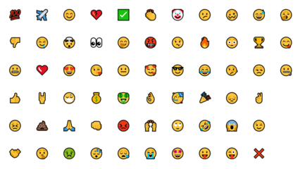 Comprehensive collection of diverse emoji icons and emoticons representing various feelings, expressions, and reactions. Vector illustration pack with a transparent background for easy use in projects