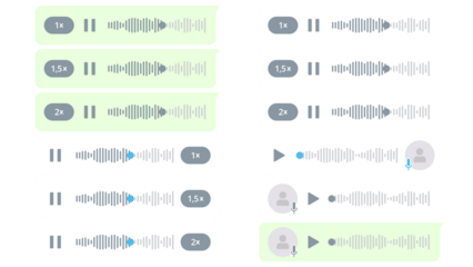 Collection of voice message UI elements from a chat application, including audio waveforms, play, pause, and speed control buttons. Isolated image transparent background. Includes 1x, 1.5x, 2x speed.