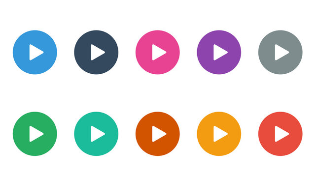 Set of ten colorful round play buttons for user interface design. Multimedia player icons in various colors, including blue, pink, green, and red. Isolated elements with a transparent background.