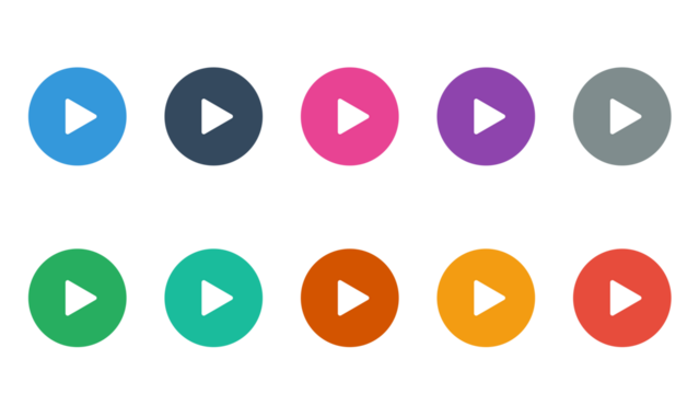 Set of ten colorful round play buttons for user interface design. Multimedia player icons in various colors, including blue, pink, green, and red. Isolated elements with a transparent background.