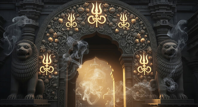 Ornate temple entrance adorned with golden trishuls and guardian statues