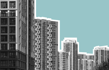 Obraz premium Cluster of modern residential high-rise apartment buildings with geometric facades, isolated against