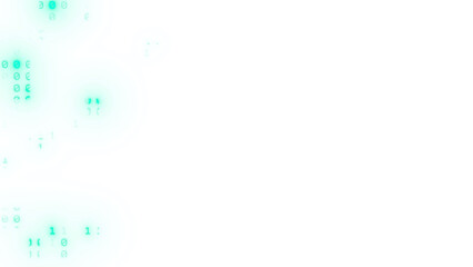 Abstract futuristic fluid shape with topographic layers in vibrant teal and blue, featuring binary code data patterns. Isolated graphic design element on a transparent background. Copy space.